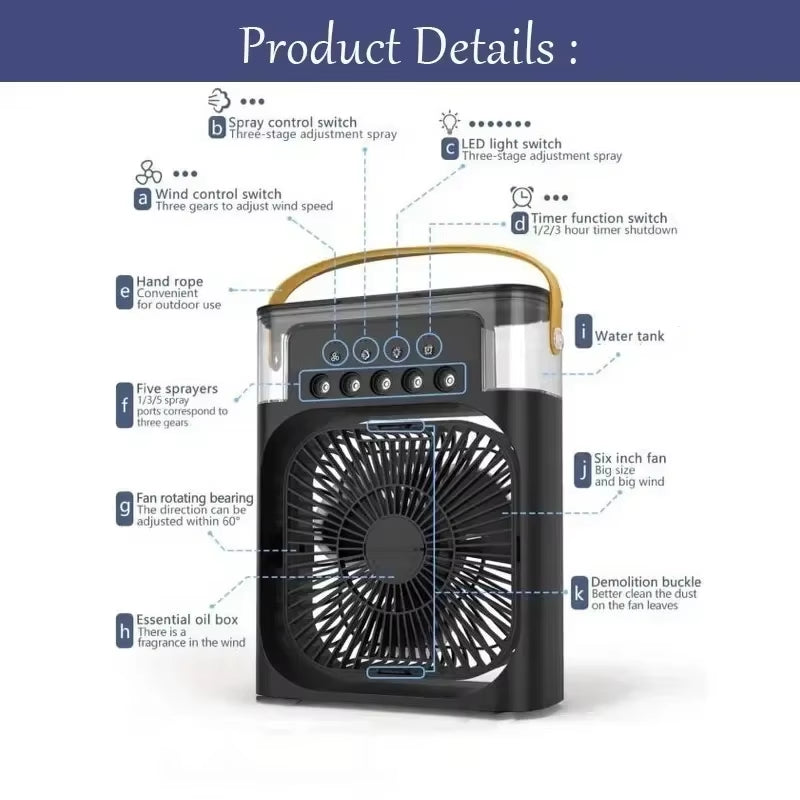 Mini Enfriador De Aire 3 En 1 Con Humidificador Y Luz LED