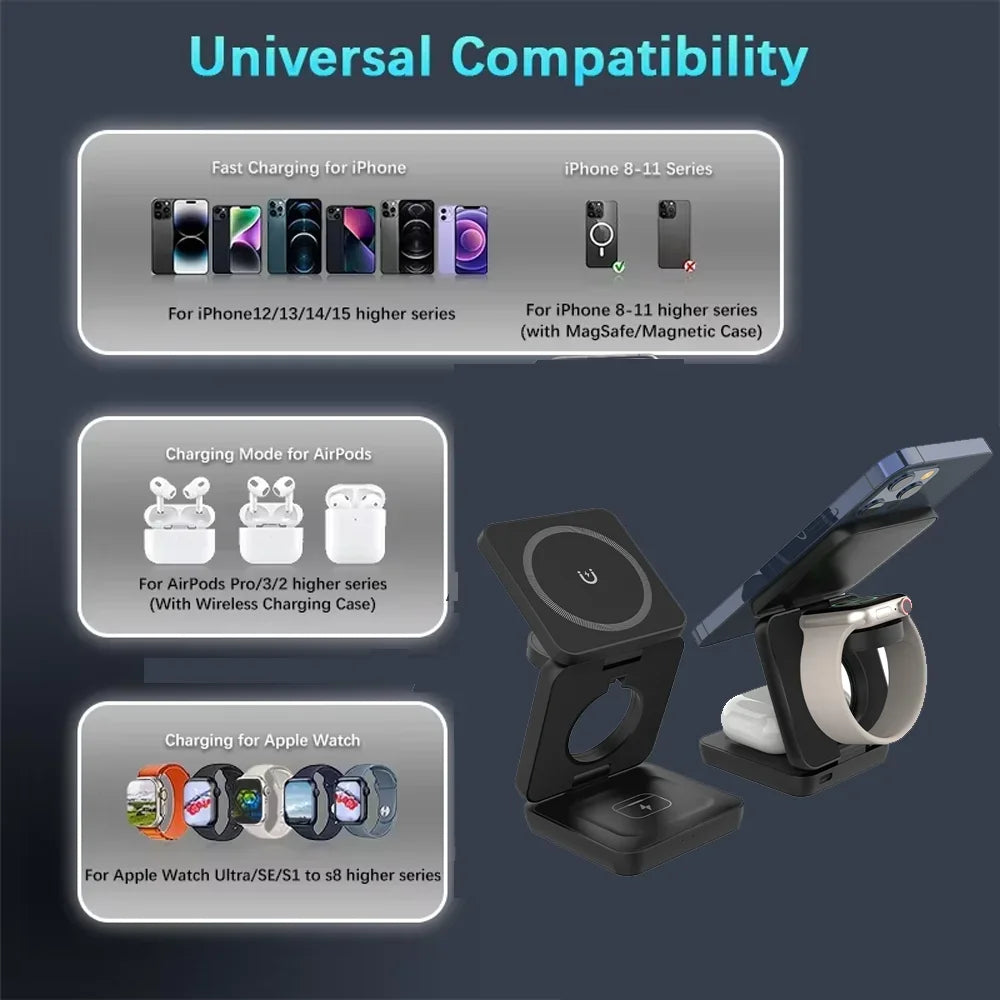 Cargador Inalámbrico 3 En 1 Para Móvil, Reloj Y Auriculares