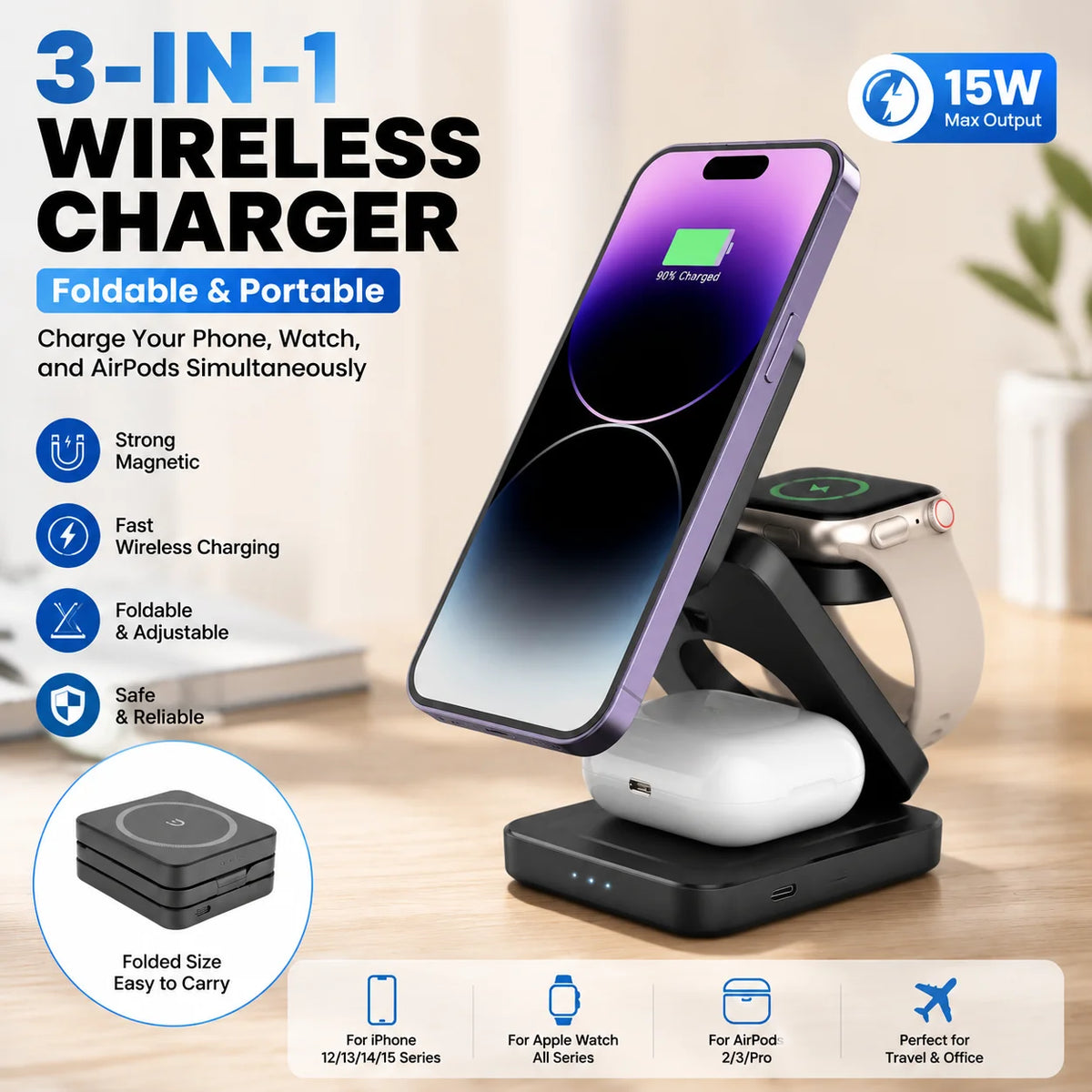 Cargador Inalámbrico 3 En 1 Para Móvil, Reloj Y Auriculares