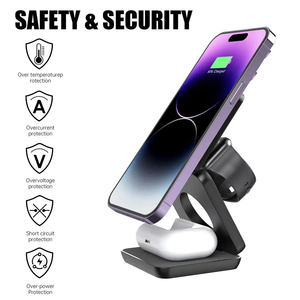 Cargador Inalámbrico 3 En 1 Para Móvil, Reloj Y Auriculares