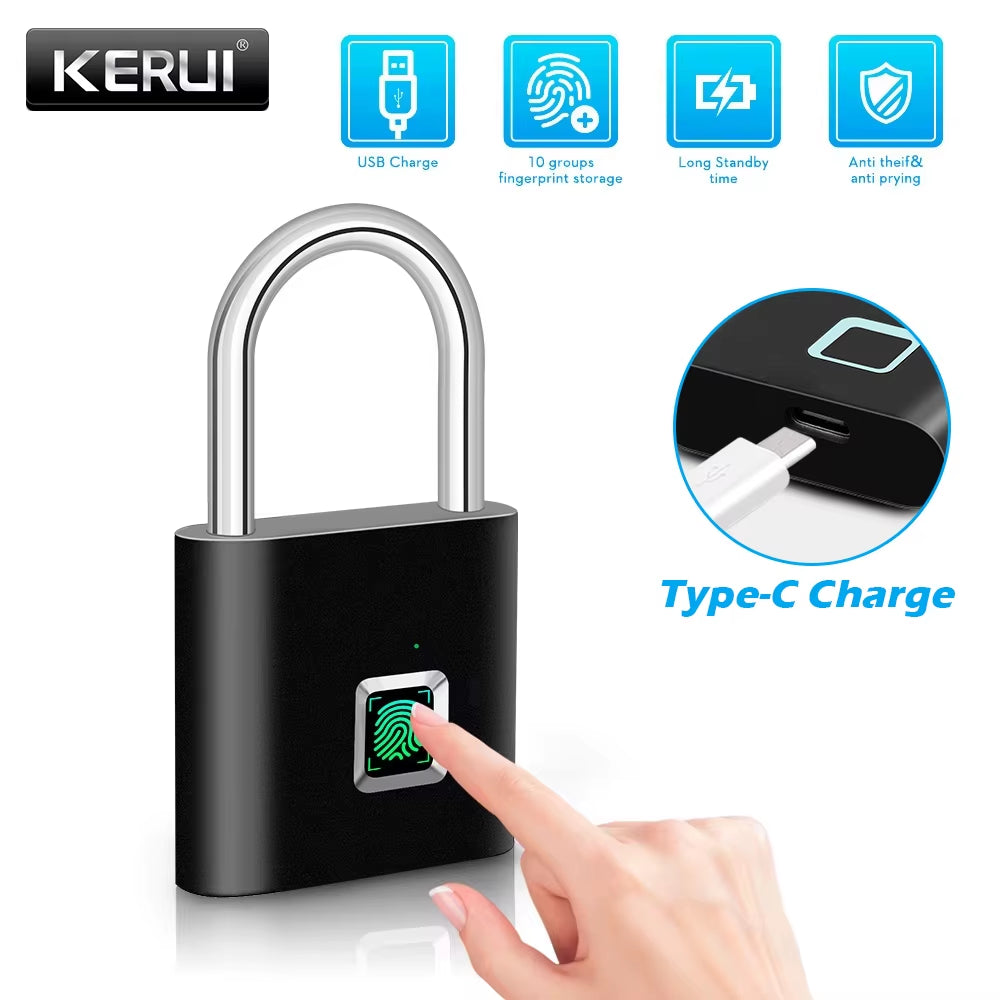 Smart Fingerprint Padlock Waterproof Fingerprint Keyless Door Lock Type C Rechargeable Security Padlock for House